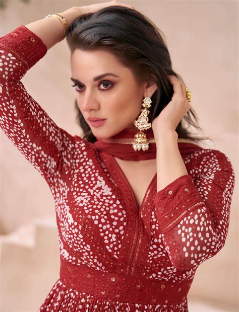 Deep Red Georgette Anarkali Suit with Net Dupatta – Anant Exports