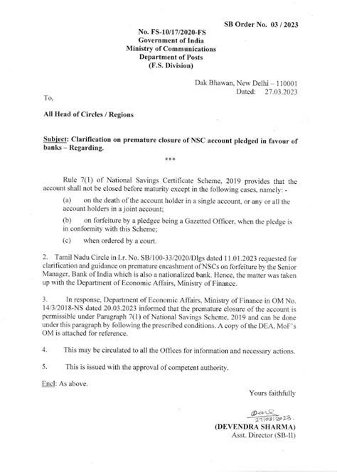 SB Order 03/2023 : Clarification on Premature Closure of NSC account ...