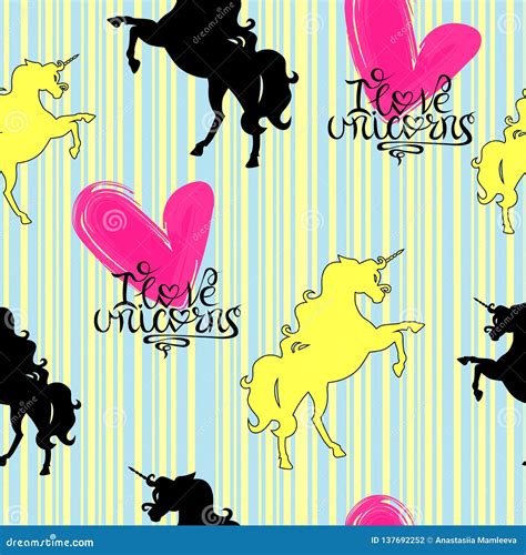 Silhouettes of Unicorns Yellow and Black with Lettering on a Striped Background Seamless Pattern ...