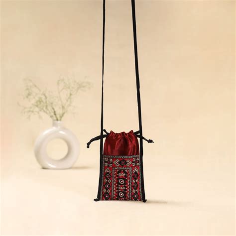 Red Kutch Neran Hand Embroidered Sling Dori Mobile Pouch