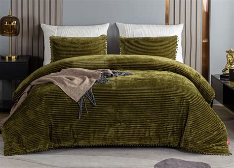 Olive Green King Comforter Set Boho, 3pcs Reversible Ball Pom Fringe ...