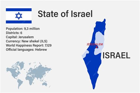 Premium Vector | Highly detailed israel map with flag capital and small map of the world