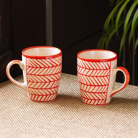 ExclusiveLane 'Red Chevrons' Handpainted Ceramic Coffee Mugs Set of 2 ...