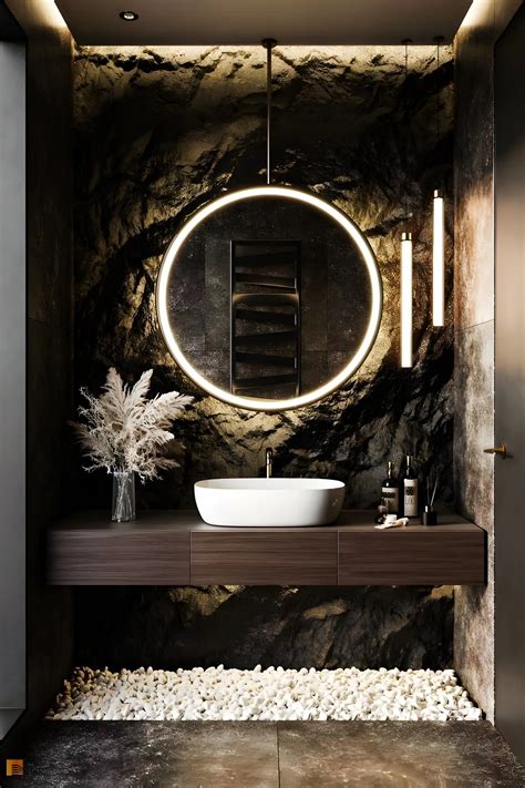 Bathroom With Stone Wall And Circular Mirror