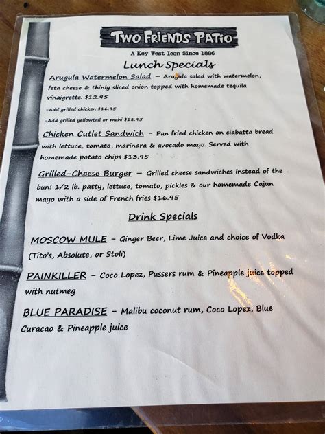 Menu at Two Friends Patio Restaurant, Key West