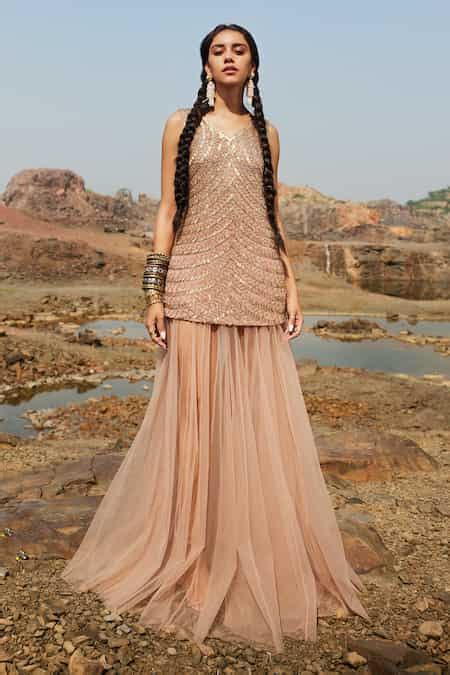 Buy Pink Tulle Embroidery Sequin V Neck Short Kurta And Sheer Skirt Set ...