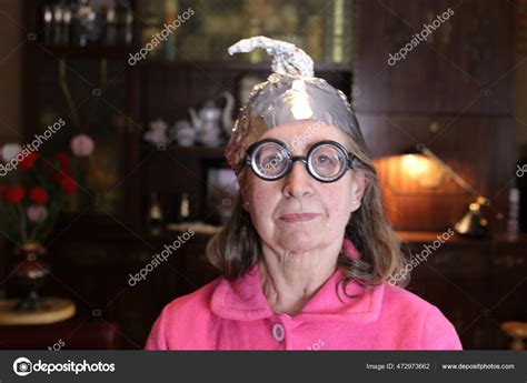 Close Portrait Mature Woman Aluminum Foil Hat Home — Stock Photo ...