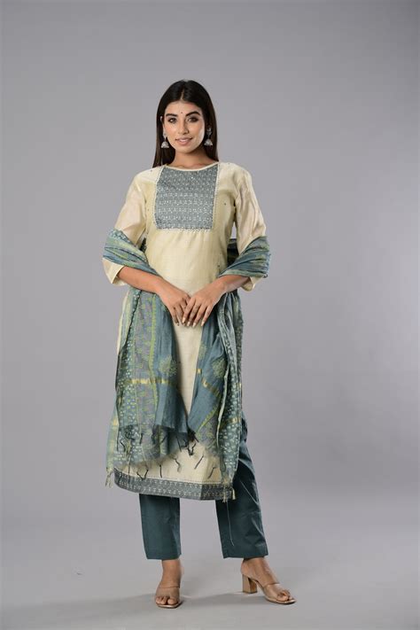Blue Cotton Blend Woven Unstitched Suit Set at Biba India