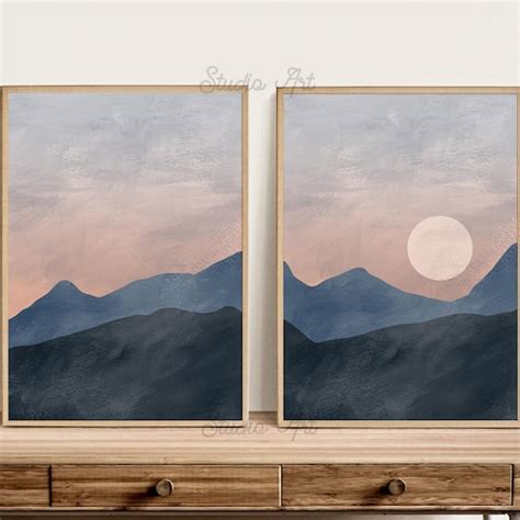 Boho Sun and Moon Wall Art Set of 2 Prints Navy Blue and - Etsy India