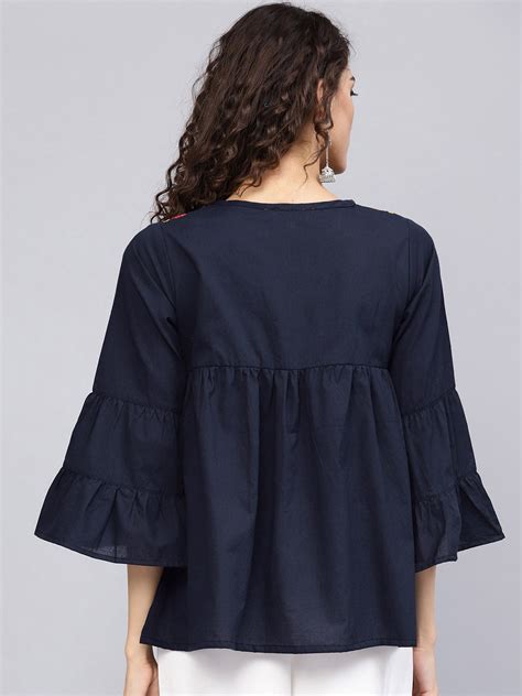 Shop Bhama Couture Navy Blue Embroidered A-Line Top Online