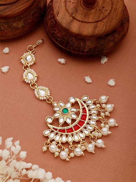 Gold-Plated Green & White Kundan Studded Pearls Handcrafted Maang Tikk ...