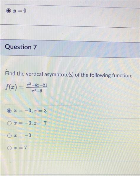 Solved y=0Question 7Find the vertical asymptote(s) ﻿of the | Chegg.com