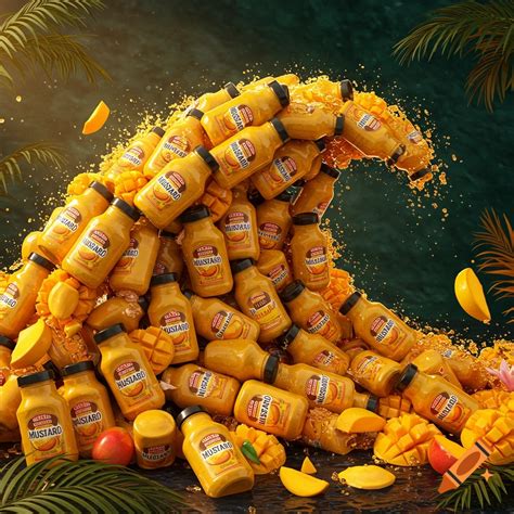 A wave made of mango-flavored mustard bottles and mango slices, with ...