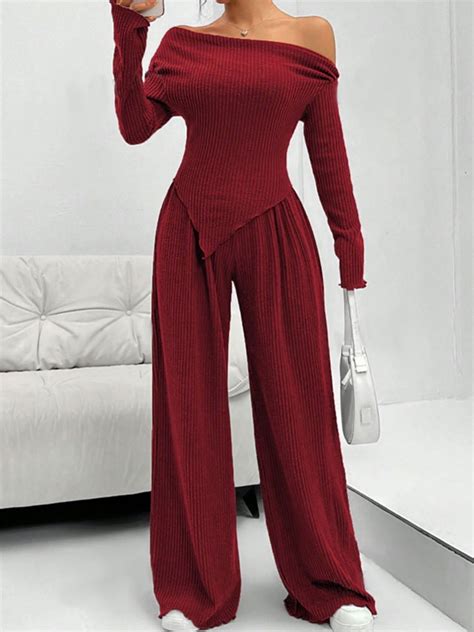 Wine Bardot Top With Flared Pant Coord Set – Outzidr