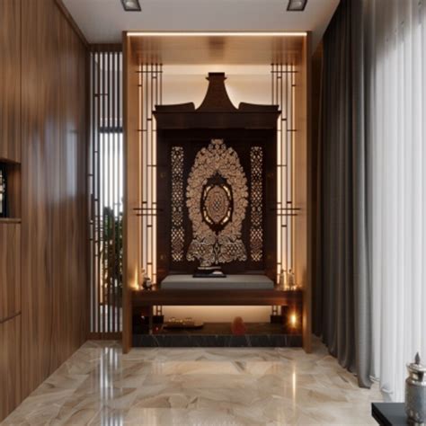 Modern Pooja Room Design With CNC Cut Partition And Wooden Frame