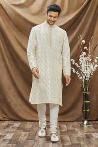Buy White Raw Silk Embroidered Thread Work Floral Kurta For Men by ...