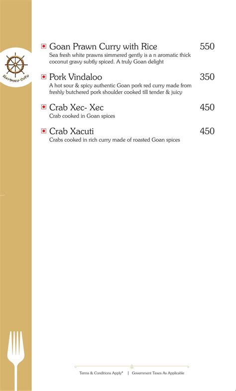 Menu at Harbour cafe, Bambolim, Bairo alto dos