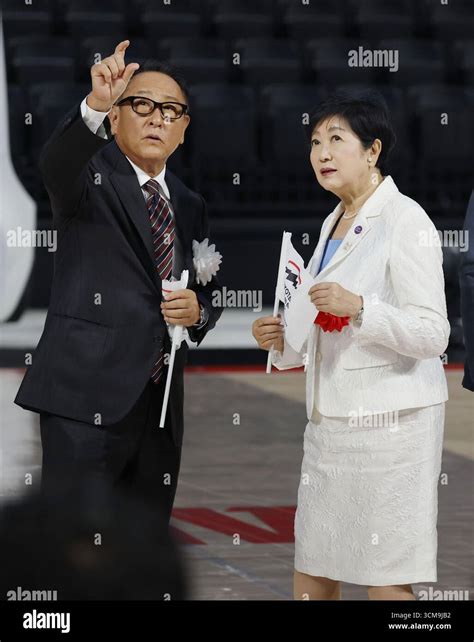 Tokyo Gov. Yuriko Koike (R) and Toyota Motor Corp. Chairman Akio Toyoda are pictured during the ...