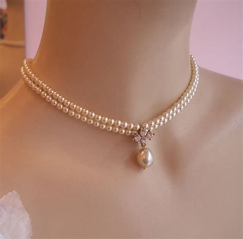 Bridal Choker Necklace Vintage Pearls Necklace Pearls Rhinestone Ivory ...