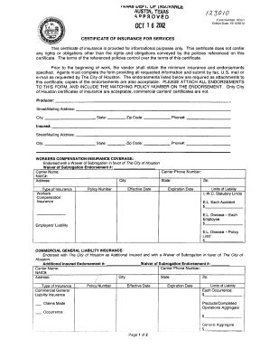 Fillable Online tdi texas city of houston certificate of insurance for ...