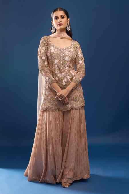 Buy Peach Net, Georgette Embroidery, Sequins Leaf Neck Kurta Sharara ...