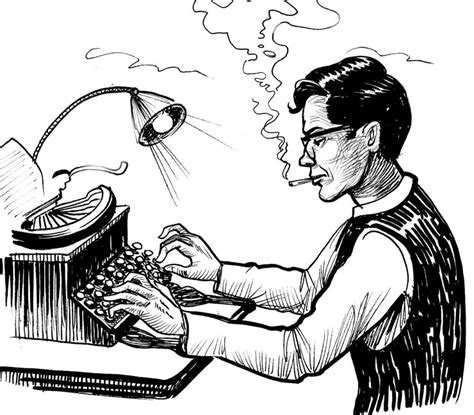 Écrivain créatif tapant sur une machine à écrire vintage. Dessin noir ...