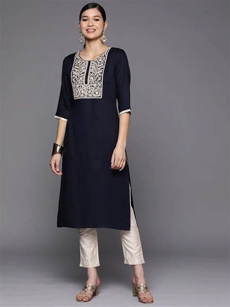 Buy Navy Blue Yoke Design Wool Straight Kurta Online at Rs.424 | Libas