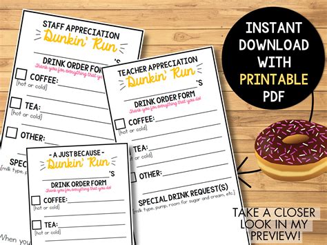 DUNKIN ORDER FORM Coffee Tea Donuts Teacher Staff Just Because ...
