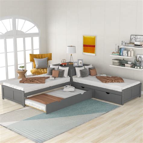 Buy Merax L-Shaped Platform Bed with Trundle, Drawers and Built-in Desk ...
