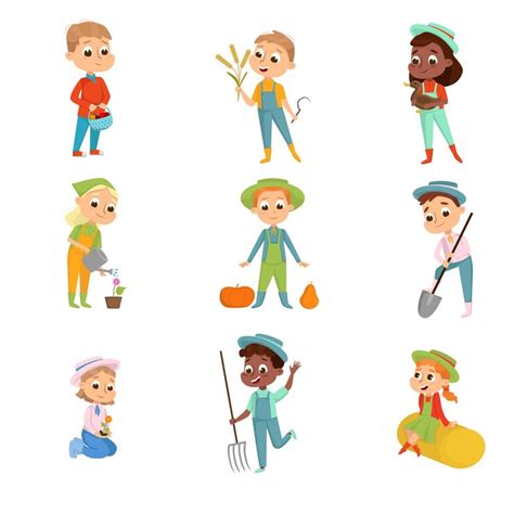 Cute boys and girls working on farm set little kids farmers characters ...