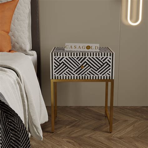 Inlay Bedside Table with Gold Legs - Chevron