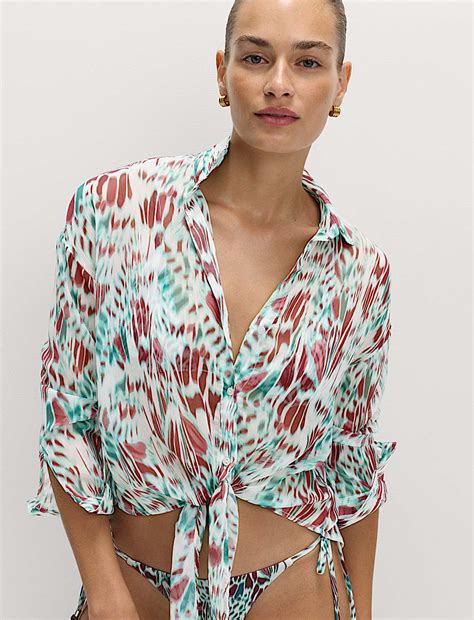 Buy Printed Collared Tie Front Beach Shirt at Marks & Spencer