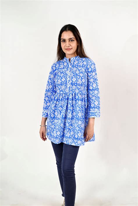 Women White & Blue Block Print Tunic – RUCHICAZ OVERSEAS