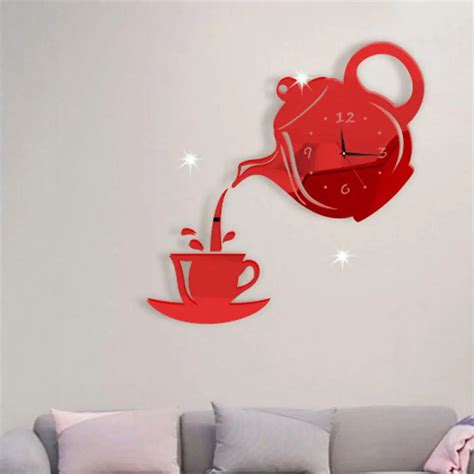 Creative Teapot Kettle Wall Clock, 3d Acrylic Coffee Tea Cup 22cm Black ...