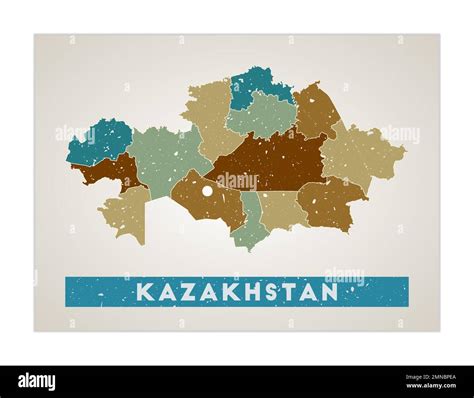 Kazakhstan map. Country poster with regions. Old grunge texture. Shape of Kazakhstan with ...