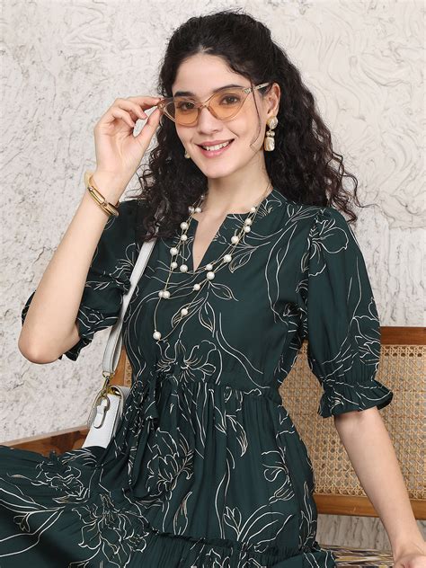 Dresses for Women - Green Chanderi Floral Dress | Claura