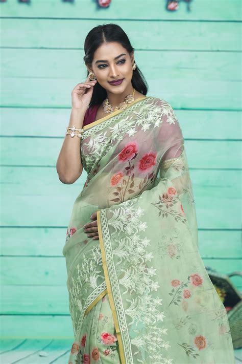 Green Organza Saree with Floral Design