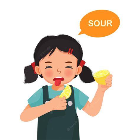 Premium Vector | Cute little girl holding lemon showing sour taste of ...