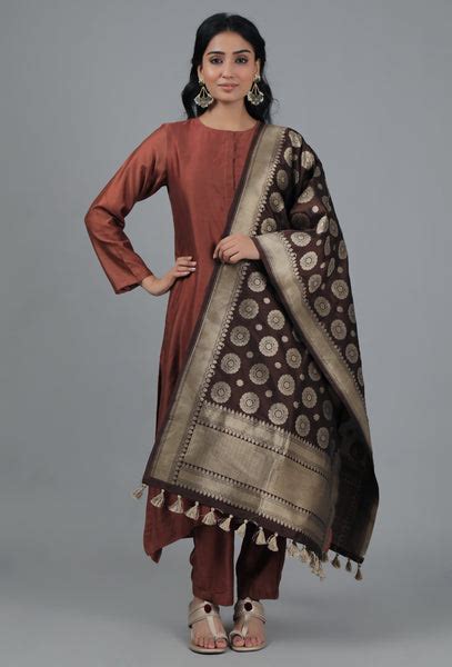 Gold & Walnut Brown Bandhani Brocade Dupatta – TJORI