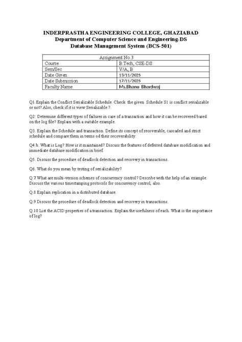 DBMS Assignment 4: Conflict Serializable Schedules & Transaction ...