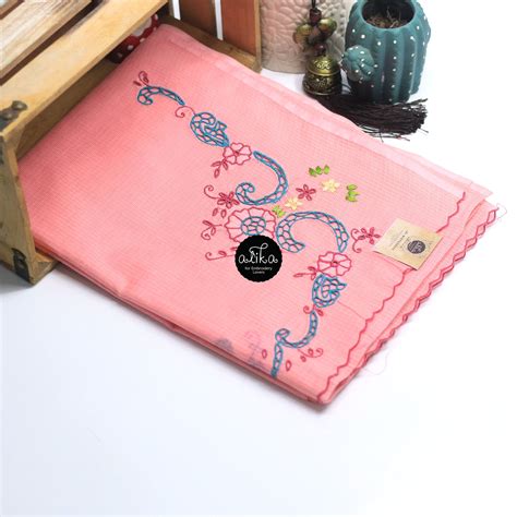 'Pink Cotton Kota Saree with Scattered Blue Cutwork and Dark Pink Flor ...