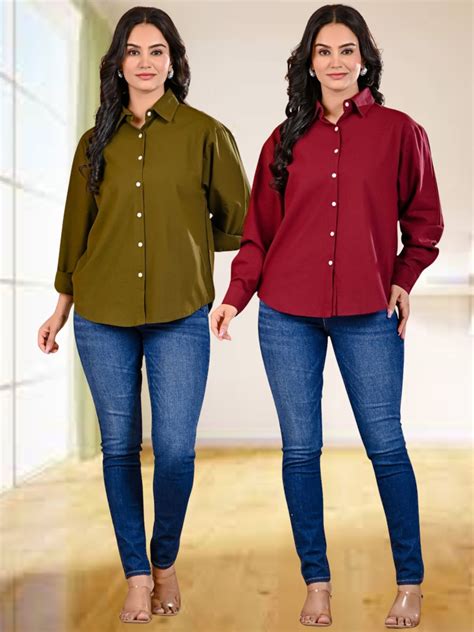 Pack Of 2 Womens Mehendi Green And Wine Cotton Loose Fit Shirt Combo ...