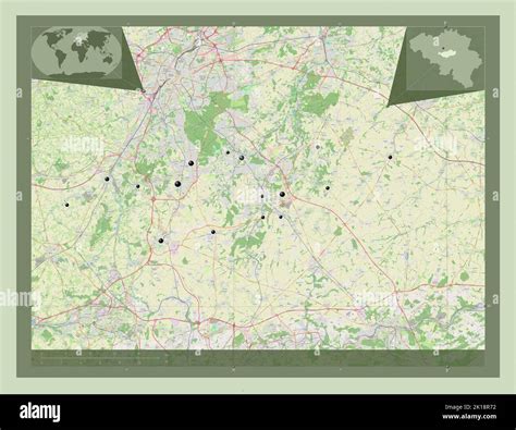 Brabant Wallon, province of Belgium. Open Street Map. Locations of major cities of the region ...