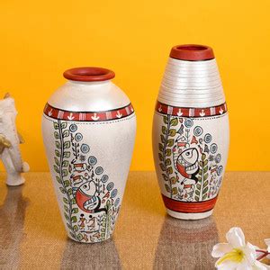 AAKRITI ART CREATIONS Hand-Painted Madhubani Terracotta White Table Pot ...