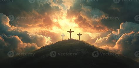 three crosses on calvary hill at sunset symbolizing christianity and ...
