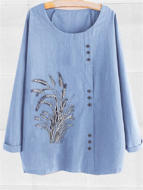 Women's Cotton Linen Shirts Floral Basic Casual Long Sleeve Crew Neck ...