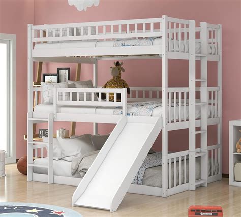 3 Bed Bunk Beds for Kids, Triple Bunk Bed with Slide, Full Over Full Bunk Beds for Girls Boys ...