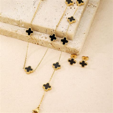 Buy Stainless Steel Gold Plated Set Of Black Anti Tarnish Clover ...