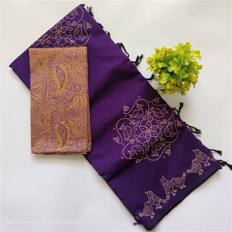 South Cotton Mix Block Printed Saree Violet colour with sandal contras ...