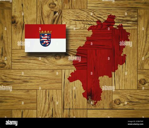 Map and flag of Hesse (Hessen), German federal state, on wooden background, 3D illustration ...